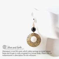 Gold Brass Hoop Earrings with Black Onyx Gemstones - Modern Trendy Jewelry