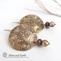 Big Round Gold Brass Earrings with Pearls - Organic Earthy Statement Jewelry