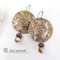Big Round Gold Brass Earrings with Pearls - Organic Earthy Statement Jewelry