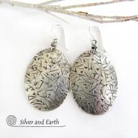 Big Sterling Silver Dangle Earrings with Stamped Texture - Modern Silver Jewelry