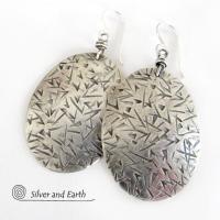 Big Sterling Silver Dangle Earrings with Stamped Texture - Modern Silver Jewelry