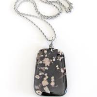 Black Cherry Blossom Agate Pendant - Unique Natural Stone Jewelry