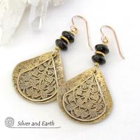 Gold Brass Filigree Earrings with Black Onyx Gemstones - Boho Chic Jewelry