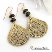 Gold Brass Filigree Earrings with Black Onyx Gemstones - Boho Chic Jewelry