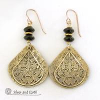 Gold Brass Filigree Earrings with Black Onyx Gemstones - Boho Chic Jewelry