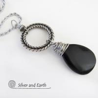 Textured Silver Pewter Circle Necklace with Black Onyx Gemstone