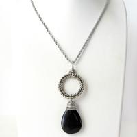 Textured Silver Pewter Circle Necklace with Black Onyx Gemstone