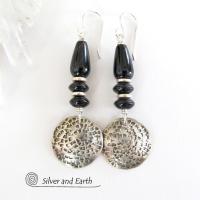 Black Onyx Sterling Silver Dangle Earrings - Modern Stylish Silver Jewelry