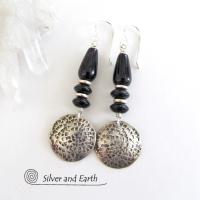Black Onyx Sterling Silver Dangle Earrings - Modern Stylish Silver Jewelry