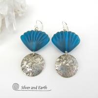Sterling Silver Earrings with Blue Shell Shaped Glass Beads - Resort Jewelry