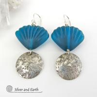Sterling Silver Earrings with Blue Shell Shaped Glass Beads - Resort Jewelry
