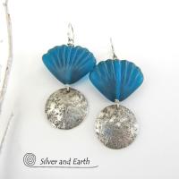 Sterling Silver Earrings with Blue Shell Shaped Glass Beads - Resort Jewelry