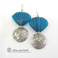 Sterling Silver Earrings with Blue Shell Shaped Glass Beads - Resort Jewelry