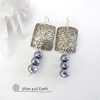 Sterling Silver Earrings with Dangling Blue Pearls - Modern Elegant Jewelry