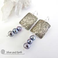 Sterling Silver Earrings with Dangling Blue Pearls - Modern Elegant Jewelry