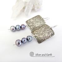 Sterling Silver Earrings with Dangling Blue Pearls - Modern Elegant Jewelry