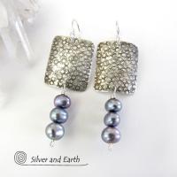 Sterling Silver Earrings with Dangling Blue Pearls - Modern Elegant Jewelry