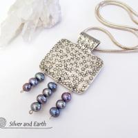 Sterling Silver Necklace with Dangling Freshwater Pearls - Modern Elegant Jewelr
