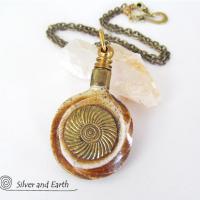 African Carved Bone Necklace on Antiqued Brass Chain - Boho Tribal Jewelry