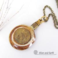 African Carved Bone Necklace on Antiqued Brass Chain - Boho Tribal Jewelry