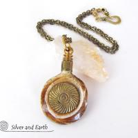 African Carved Bone Necklace on Antiqued Brass Chain - Boho Tribal Jewelry