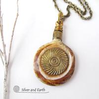 African Carved Bone Necklace on Antiqued Brass Chain - Boho Tribal Jewelry