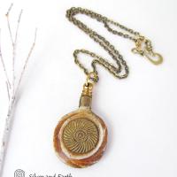African Carved Bone Necklace on Antiqued Brass Chain - Boho Tribal Jewelry