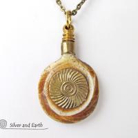 African Carved Bone Necklace on Antiqued Brass Chain - Boho Tribal Jewelry