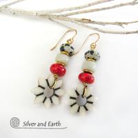 Flower Earrings with Carved African Bone, Red Coral and Dalmatian Jasper Stones