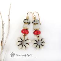 Flower Earrings with Carved African Bone, Red Coral and Dalmatian Jasper Stones