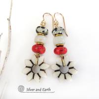 Flower Earrings with Carved African Bone, Red Coral and Dalmatian Jasper Stones