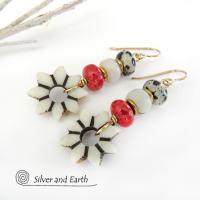 Flower Earrings with Carved African Bone, Red Coral and Dalmatian Jasper Stones