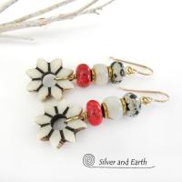 Flower Earrings with Carved African Bone, Red Coral and Dalmatian Jasper Stones