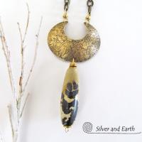 Gold Brass Crescent Moon Necklace with Paintbrush Jasper Stone