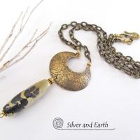 Gold Brass Crescent Moon Necklace with Paintbrush Jasper Stone