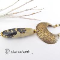Gold Brass Crescent Moon Necklace with Paintbrush Jasper Stone