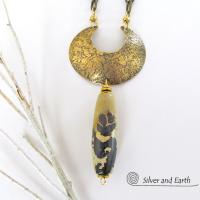 Gold Brass Crescent Moon Necklace with Paintbrush Jasper Stone