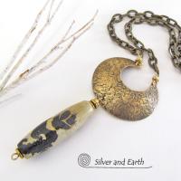 Gold Brass Crescent Moon Necklace with Paintbrush Jasper Stone