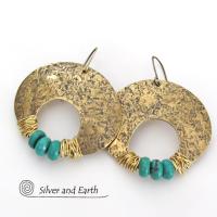 Gold Brass Crescent Moon Earrings with Turquoise - Bold Exotic Statement Jewelry