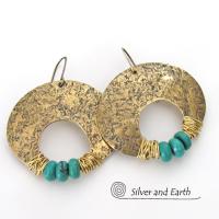 Gold Brass Crescent Moon Earrings with Turquoise - Bold Exotic Statement Jewelry