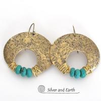 Gold Brass Crescent Moon Earrings with Turquoise - Bold Exotic Statement Jewelry