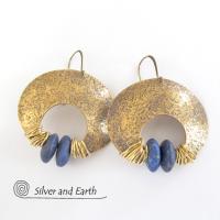 Gold Brass Crescent Moon Earrings with Lapis - Bold Exotic Statement Jewelry