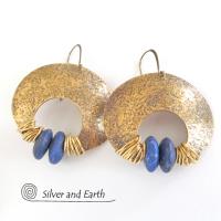 Gold Brass Crescent Moon Earrings with Lapis - Bold Exotic Statement Jewelry