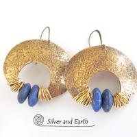 Gold Brass Crescent Moon Earrings with Lapis - Bold Exotic Statement Jewelry