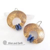Gold Brass Crescent Moon Earrings with Lapis - Bold Exotic Statement Jewelry