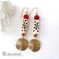 Gold Brass Earrings with Carved Bone & Red Jasper Stones - Boho Chic Jewelry