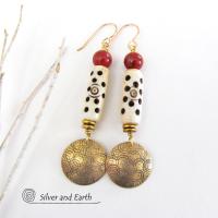 Gold Brass Earrings with Carved Bone & Red Jasper Stones - Boho Chic Jewelry