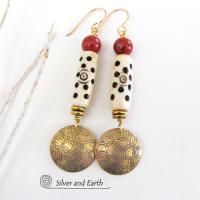 Gold Brass Earrings with Carved Bone & Red Jasper Stones - Boho Chic Jewelry