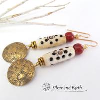 Gold Brass Earrings with Carved Bone & Red Jasper Stones - Boho Chic Jewelry