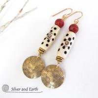 Gold Brass Earrings with Carved Bone & Red Jasper Stones - Boho Chic Jewelry